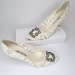 Manolo Blahnik Hangisi Floral Lace Crystal Pumps
